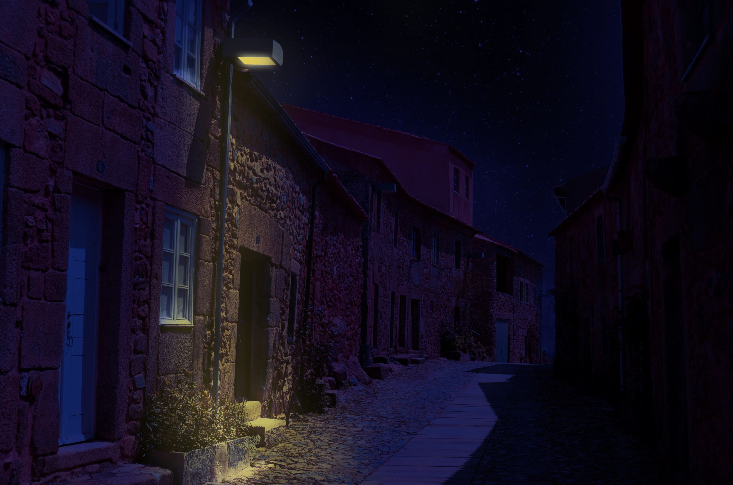 Rue de nuit : photo retouchée, après transformation du jour en nuit