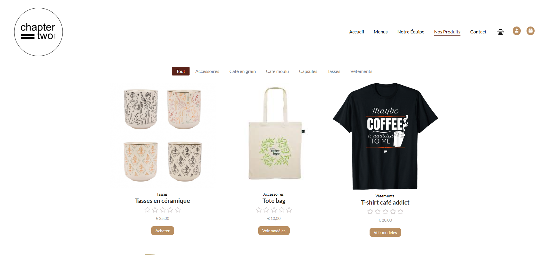 Page produits du site e-commerce Chapter Two